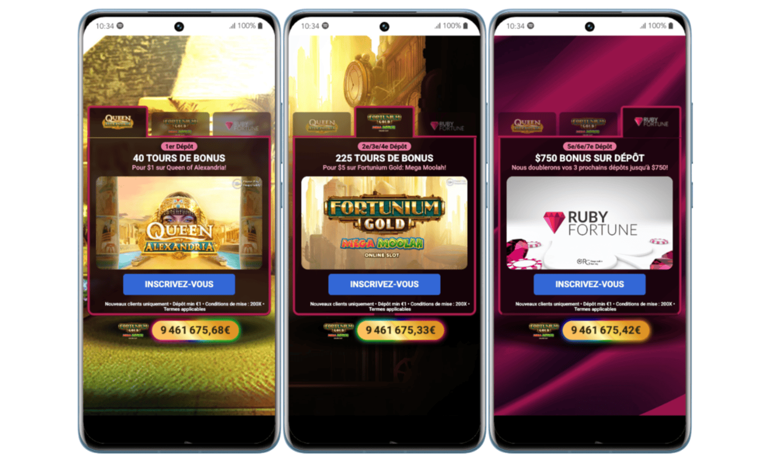3 bonus de bienvenues sur le site Ruby Fortune